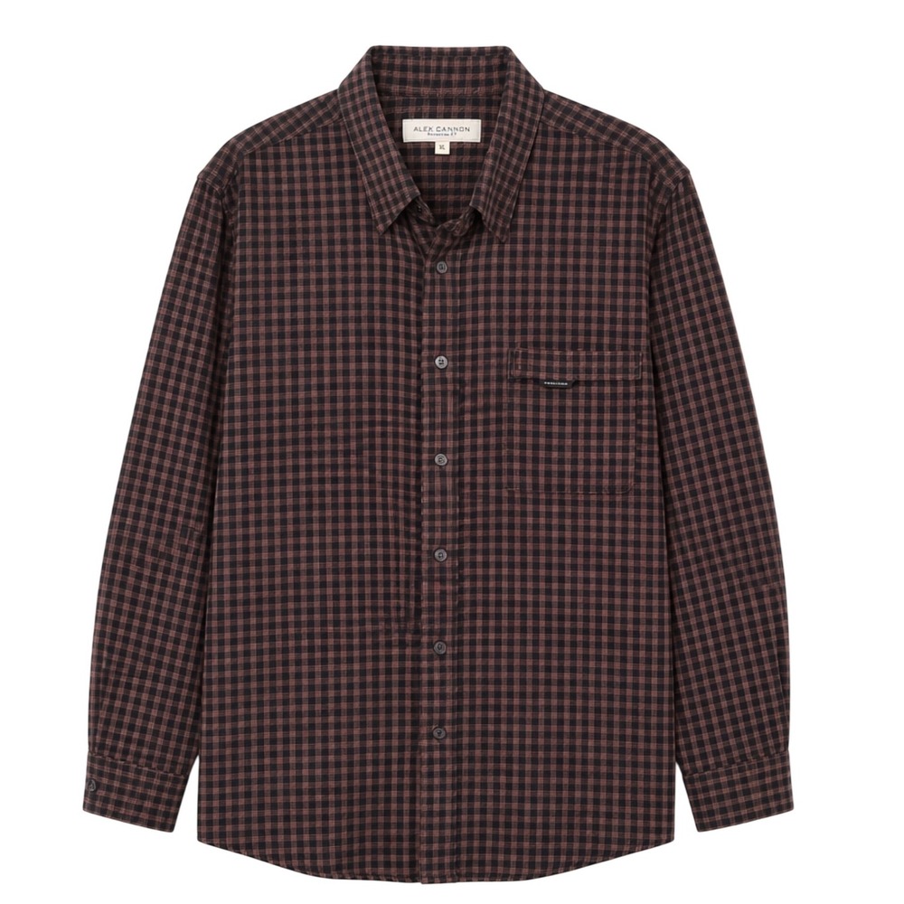 Alex Cannon Mens XL Brown Black Gingham Flannel Button Down Shirt Long Sleeve
